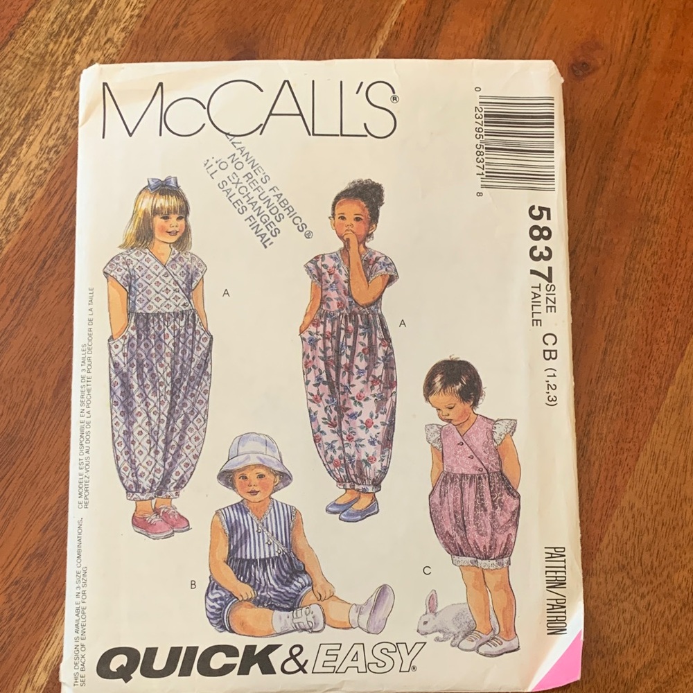McCall's Quick & Easy Pattern for Toddler’s jumpsuit in 2 lengths